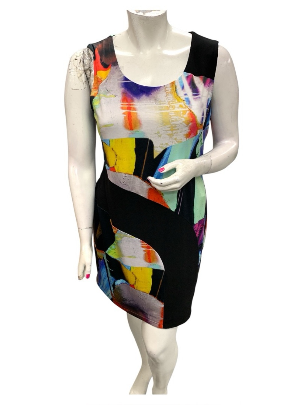 Michael Tyler Sleeveless Multicolor Abstract Mini Dress with Black Panels S16